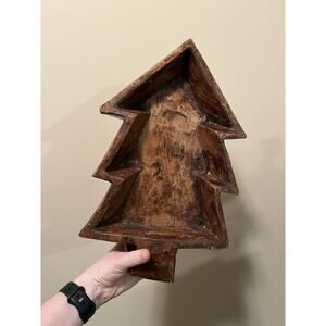 Wood Christmas Tree Carved Tray Dish Holiday Decoration